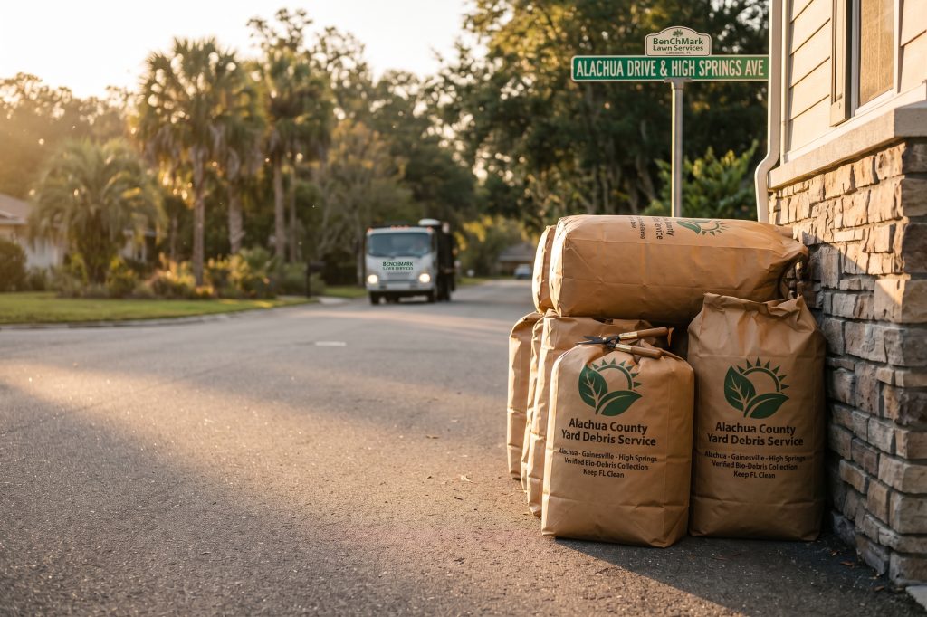 Curbside bagged yard debris and branch pickup in Alachua County by BenChMark Lawn Services